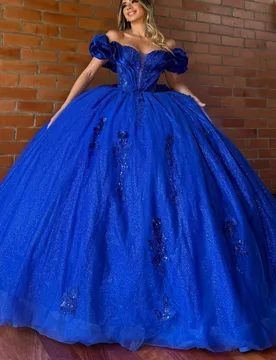 Royal Blue Shiny Quinceanera Dresses Off The Shoulder Applique Lace Beads Bow Tull Party Birthday Sweet 16 Dress Vestidos 15 de - Aliexpress - FashionsVida