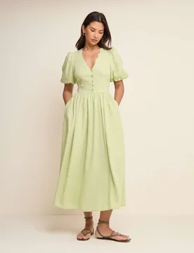 Lyocell Rich V-Neck Midi Dress With Linen Green female - Nobody's Child - FashionsVida