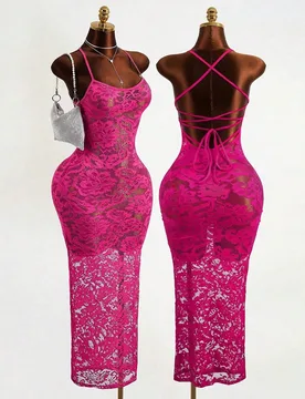 Vestido largo de encaje floral rosa con tirantes finos, transparente y sexy, estilo disco, para fiesta, club y verano M - Shein - FashionsVida