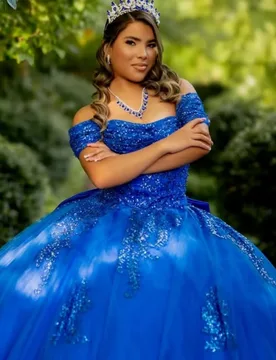 Shiny royal blue Quinceanera Dress off-shoulder Lace crystal decal Long tail Bow vestidos de 15 Quinceanera ﻿Customize - Aliexpress - FashionsVida