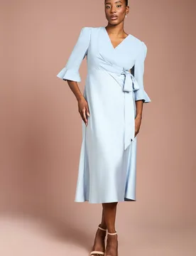 Women's Ruffle Sleeve Satin Back Crepe Wrap Dress in Pale Blue Size: 14 - Pale Blue - Size: 14 - Coast - FashionsVida