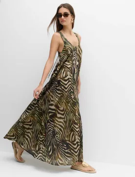 Pure Cotton Printed Scoop Neck Maxi Beach Dress Dark Green Mix female - M&S - FashionsVida