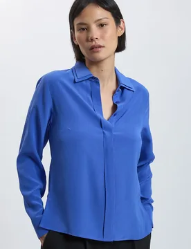 Womens Petite Silk Double Collar Long Sleeve Shirt - Blue - Karen millen - FashionsVida
