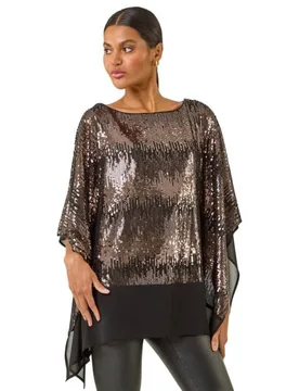 Womens Ombre Sequin Mesh Chiffon Top - Taupe - Size 12 Uk - Roman - FashionsVida