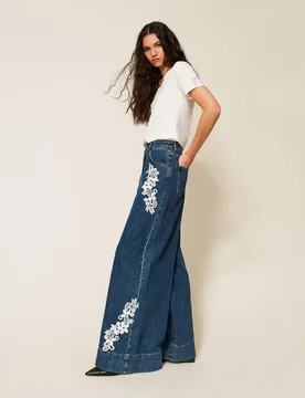 Pantalon ample en jean avec dentelle - Actitude by Twinset - FashionsVida