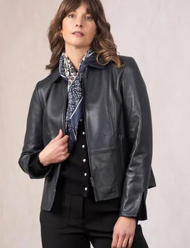 Women's 'Fairnam' Collared Leather Jacket in Navy Size: 16 - Navy - Size: 16 - Lakeland Leather - FashionsVida