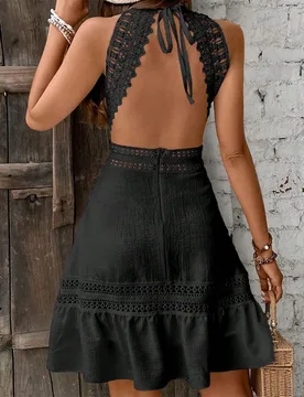 Vestido de espalda descubierta con cuello de halter y encaje de unicolor, atuendo para vacaciones y playa para mujeres XL - Shein - FashionsVida