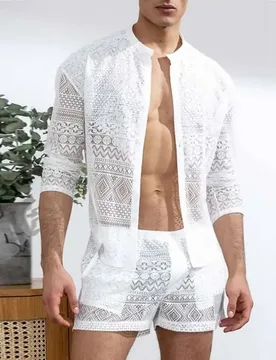 Mens Fashion Set Summer New Hollow Out Sexy Lace Shorts Pattern Print Shirt Two Piece Suits Trendy Elegant Beach Clothes Outfits - Aliexpress - FashionsVida