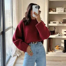 Suéter de punto casual de cuello redondo gris para mujer otoño XS