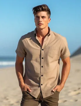 Camisa casual de unicolor para hombres, camisa de manga corta, camisa de moda caqui, camisa hawaiana de resort de playa XXL - Shein - FashionsVida