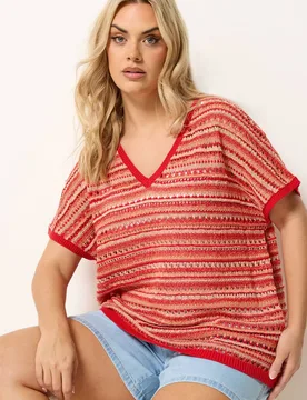 Women's Stripe Boxy Knitted Top in Red Size: 22-24 - Red - Size: 22-24 - Yours - FashionsVida
