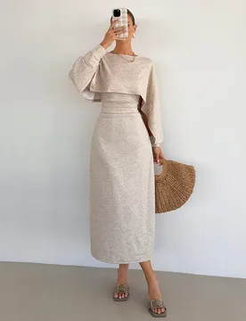 Conjunto de vestido de tirantes con cintura fruncida y capa tipo shrug para mujer, estilo casual, primavera/otoño S - Shein - FashionsVida