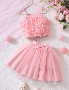 Conjunto de top de tirantes con rosa 3D y falda de tul de doble capa para niñas 9Y - Shein - FashionsVida