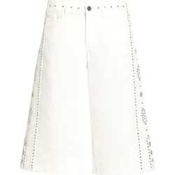 Pantalones rectos estilo bermuda vaquera con tachuelas y apliques para mujer