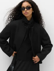Collarless Short Button Through Jacket with Wool Black female