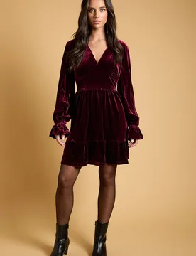Women's Occasion Velvet Ruffle Hem Mini Dress in Wine Size: 16 - Wine - Size: 16 - OASIS - FashionsVida
