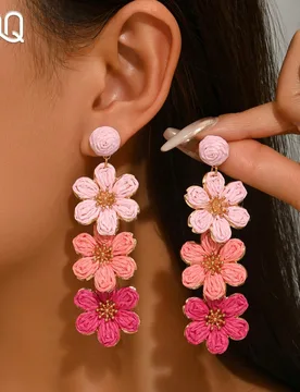 Par de pendientes florales de borla hechos a mano con gradiente de rafia trenzada, estilo bohemio de verano, elegantes minimalistas, apropiados para u - Shein - FashionsVida