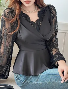 Blusa elegante para mujer con cuello en V, superposición de volantes y mangas de encaje transparente en color negro L - Shein - FashionsVida