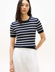 Pure Cotton Cable Knit Striped Knitted Top Navy Mix female