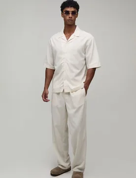 Mens Oversized Half Sleeve Monte Carlo Shirt And Relaxed Trouser Set - Natural Linen - Size X-Small - boohooMAN - FashionsVida