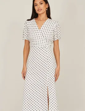 Women's White Spot Print Wrap Tea Dress Size: 8 - White - Size: 8 - Yumi - FashionsVida