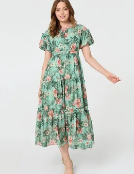Women's Tropical Print Frill Tiered Midi Dress in Green Size: 16 - Green - Size: 16 - Izabel London - FashionsVida