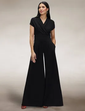 Women's Cap Sleeved Wide Leg Jumpsuit in Black Size: 14 - Black - Size: 14 - Hot Squash - FashionsVida
