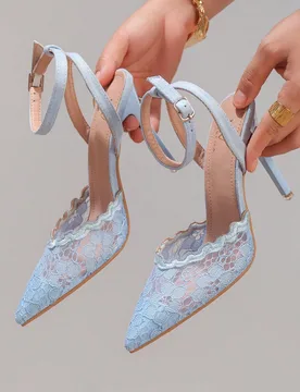 Zapatos de tacón alto con encaje bordado de moda, zapatos de fiesta de noche con punta fina y tacón súper alto, sandalias de tacón fino azul para - Shein - FashionsVida