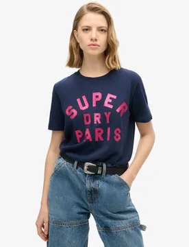 Superdry Damen Lässiges T-shirt mit Glitzerlogo Marineblau - Größe: 40 - 39.99 - FashionsVida
