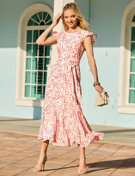 Printed Midaxi Waisted Dress Red Mix female - Sosandar - FashionsVida
