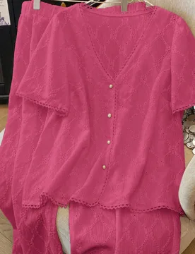 Conjunto de chaqueta y pantalones de punto jacquard elegante de talla grande con ribete de encaje, adecuado para fiesta, té de la tarde, primavera y - Shein - FashionsVida
