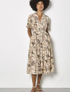 Women's Tropical Leaf Zip-Down Midi Dress in Stone Size: 8 - Stone - Size: 8 - Apricot - FashionsVida