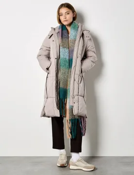 Women's Longline Padded Puffer Coat in Beige Size: 12 - Beige - Size: 12 - Apricot - FashionsVida