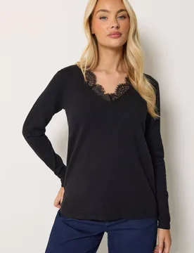 Women's Lace Trim V-Neck Jumper in Black Size: 14-16 - Black - Size: 14-16 - M&Co - FashionsVida
