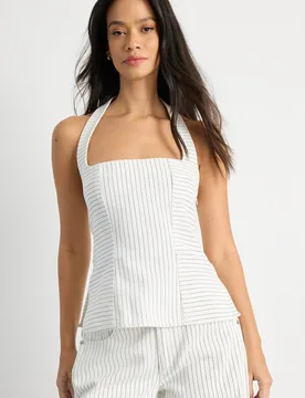 Women's Pinstripe Halterneck Denim Top in Mono Size: 10 - Mono - Size: 10 - Warehouse - FashionsVida