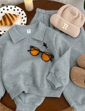 Conjunto de 2 piezas para niños pequeños, sudadera con capucha de manga larga y cuello de unicolor y pantalones de chándal, tela gruesa con forro t - Shein - FashionsVida