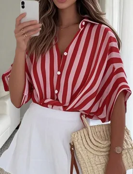 Get Rich A Camisa de Verano para Vacaciones de Mujer, Rosa Festival, Blusa Bohemiana Casual a Rayas, Blusa Casual con Manga Murciélago y Botones, Top - Shein - FashionsVida