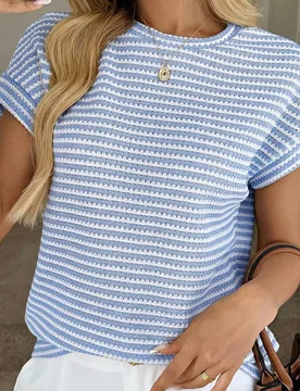 Camiseta casual y elegante de mujer con textura de waffle a rayas y hombros caídos para vacaciones S - Shein - FashionsVida