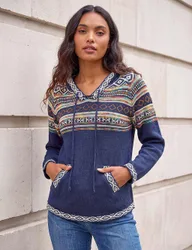 Knitted Nordic Print V-Neck Hooded Jumper Mid Blue female