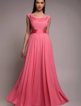 Women's Cowl Neck Chiffon Maxi Dress in Coral Size: 8 - Coral - Size: 8 - Goddiva - FashionsVida