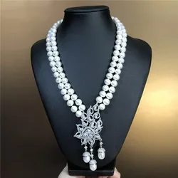 Strands White Pearl Necklace CZ Pendant