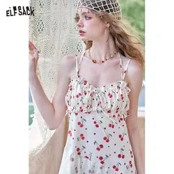 ELFSACK Cherry Print Lace Patchwork Mesh Chic Dress For Women