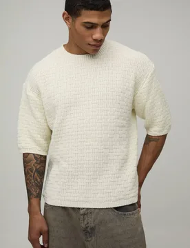 Herren Kastenförmiges T-Shirt Mit Geometrischem Strickmuster Ecru Größe Large - boohooMAN - FashionsVida
