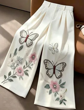 Pantalones largos blancos de pierna ancha con estampado 3D de mariposa y perlas, elegantes y casuales para mujer de talla grande, para ir al trabajo & - Shein - FashionsVida