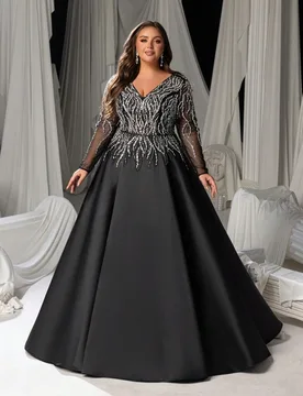 Vestido de noche de línea A con cuello en V y manga larga con cuentas, talla grande Vestido formal con bordados intrincados (Gala, invitado de boda, - Shein - FashionsVida