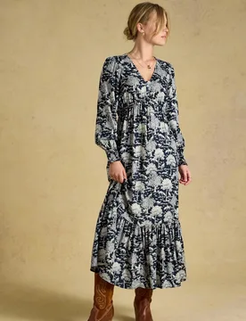 V Neck Long Sleeve Printed Midi Dress Navy Mix female - Joules - FashionsVida
