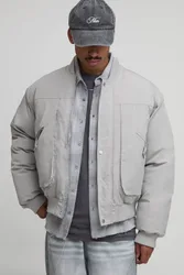 Herren Oversize Bomberjacke aus gepfirsichtem Nylon mit Nahtdetails Light Grey Größe Medium