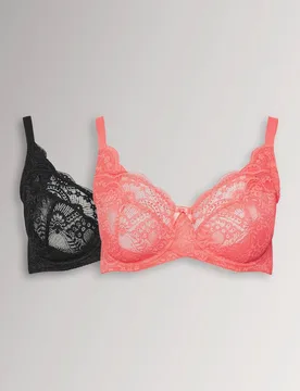 Women's 2 Pack Lace Underwired Bras in Black Size: 44D - Black - Size: 44D - Yours - FashionsVida