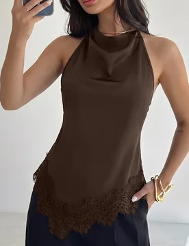 Blusa elegante con cuello de volantes, espalda descubierta y parches de encaje, ideal para fiestas, ir al trabajo y vacaciones XL - Shein - FashionsVida