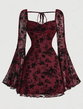 Vestido elegante con busto fruncido, mangas acampanadas y jacquard aterciopelado, Halloween S - Shein - FashionsVida